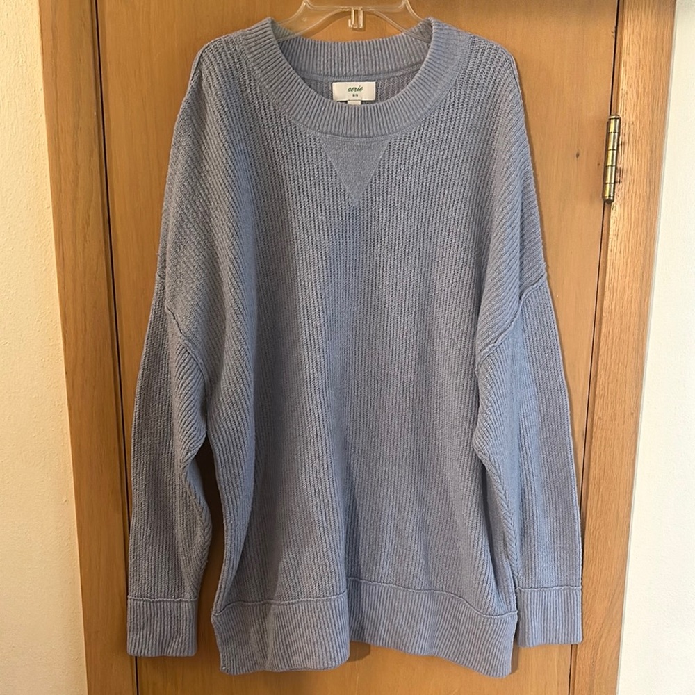 Aerie Women’s Crewneck Ribbed Oversized Sweater Soft Knit Casual Blue Medium